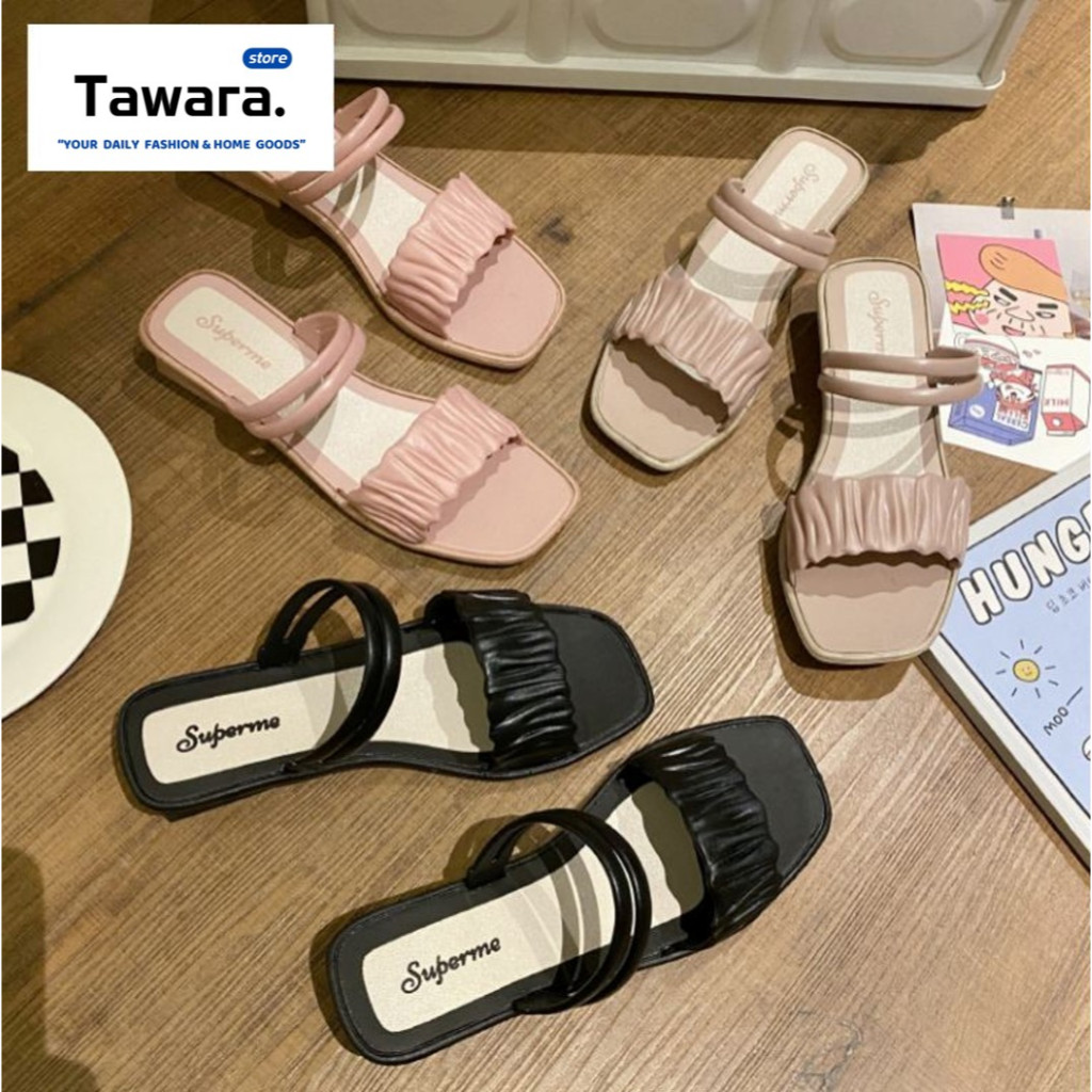 SE-091 รองเท้าแตะแฟชั่น รองเท้าแตะผู้หญิง แบบสวม สีหวาน เกาหลี ใส่ทำงาน ใส่เที่ยว เสริมส้นเล็กน้อย ใส่สวย
