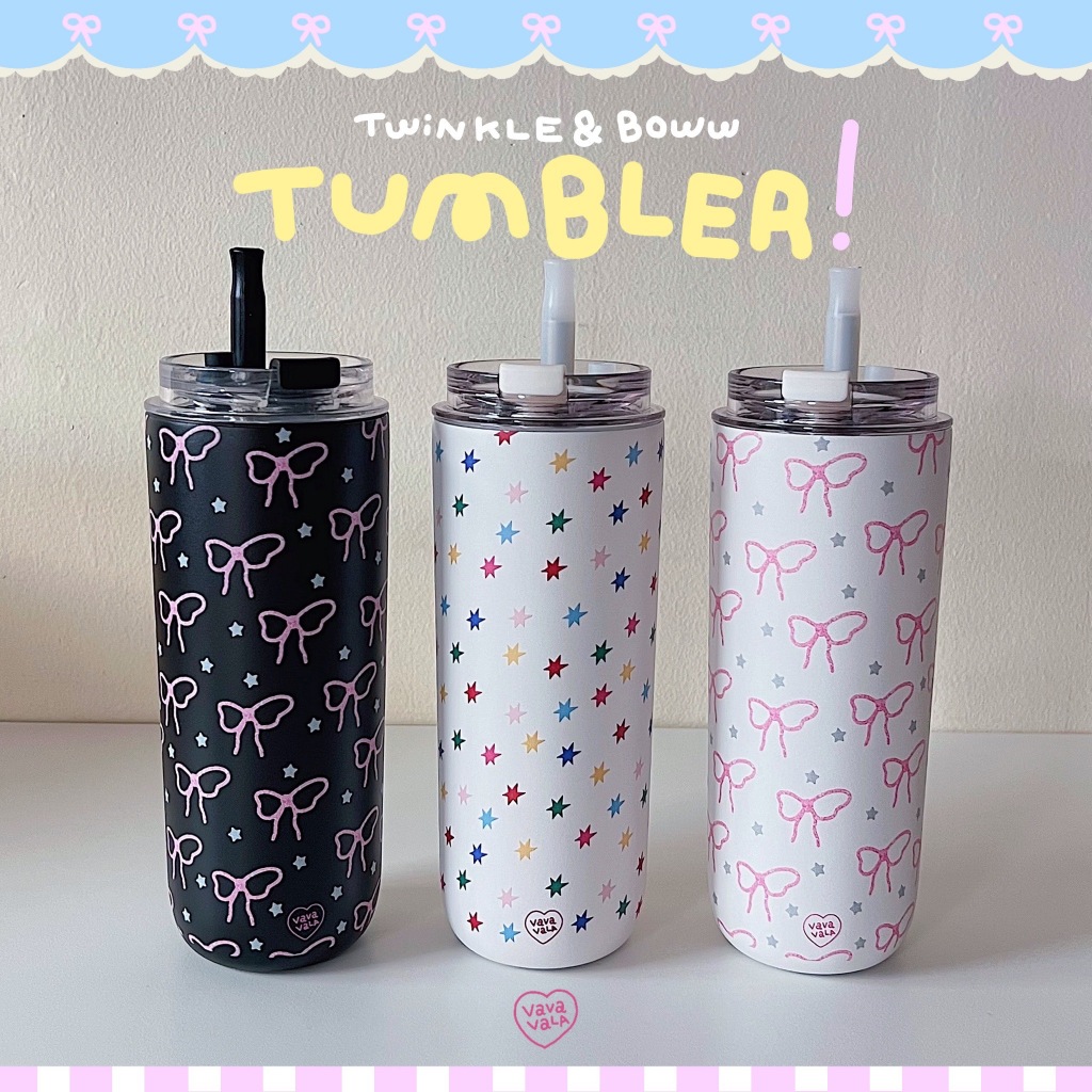 [Vavavala] Twinkle & Boww Tumbler แก้วเก็บความเย็นและร้อน ฝาปิดแน่นน้ำไม่หกมาพร้อมหลอด (480ml)