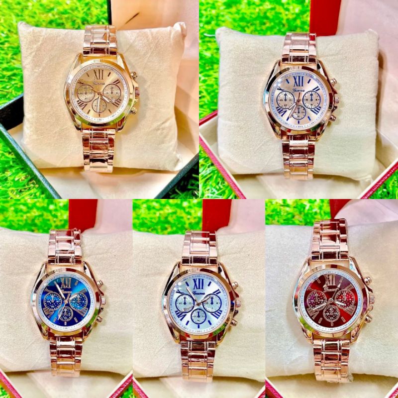 GENEVA เจนีวา เเบรนด์แท้หน้าปัดสไตล์ mkหน้ากลม สายสเตนเลสหน้าอย่างดีตัว มีหลายสีหลาย ตั้งเวลาให้พร้อมใช้งาน