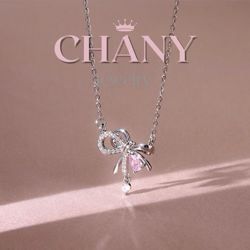 CN57 สร้อยคอโบว์ชมพู princess ชุบเงิน92.5% ฟรีเซ็ตของขวัญ (ถุงต้องกดสั่งเพิ่ม)