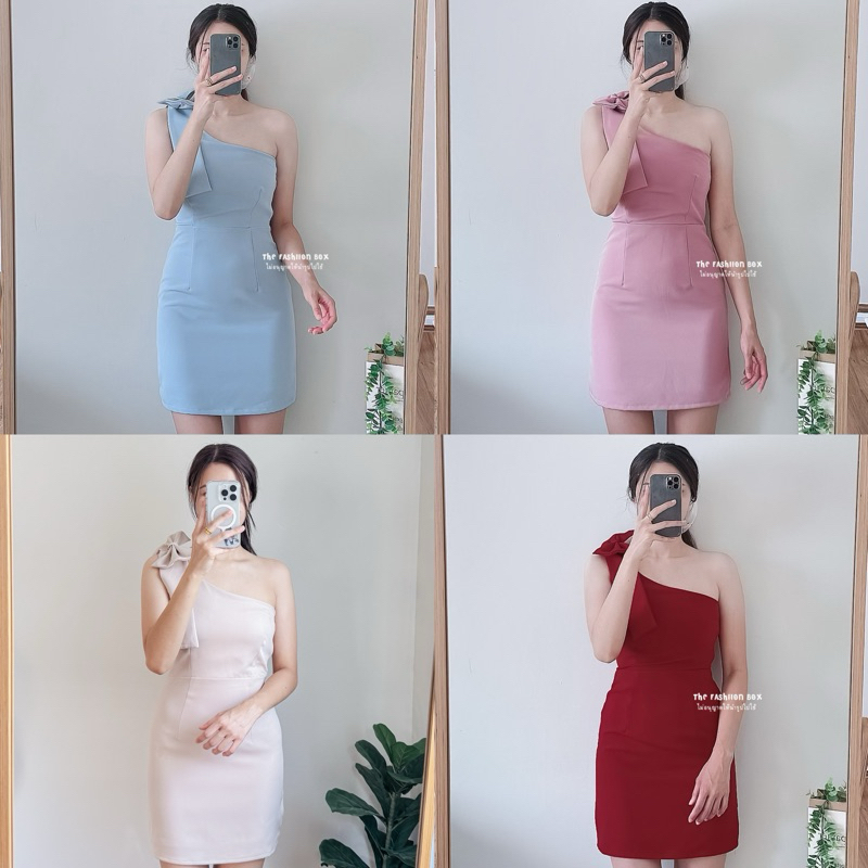 pretty dress เดรสไหล่เฉียง แต่งโบว์ไหล่ค่า
