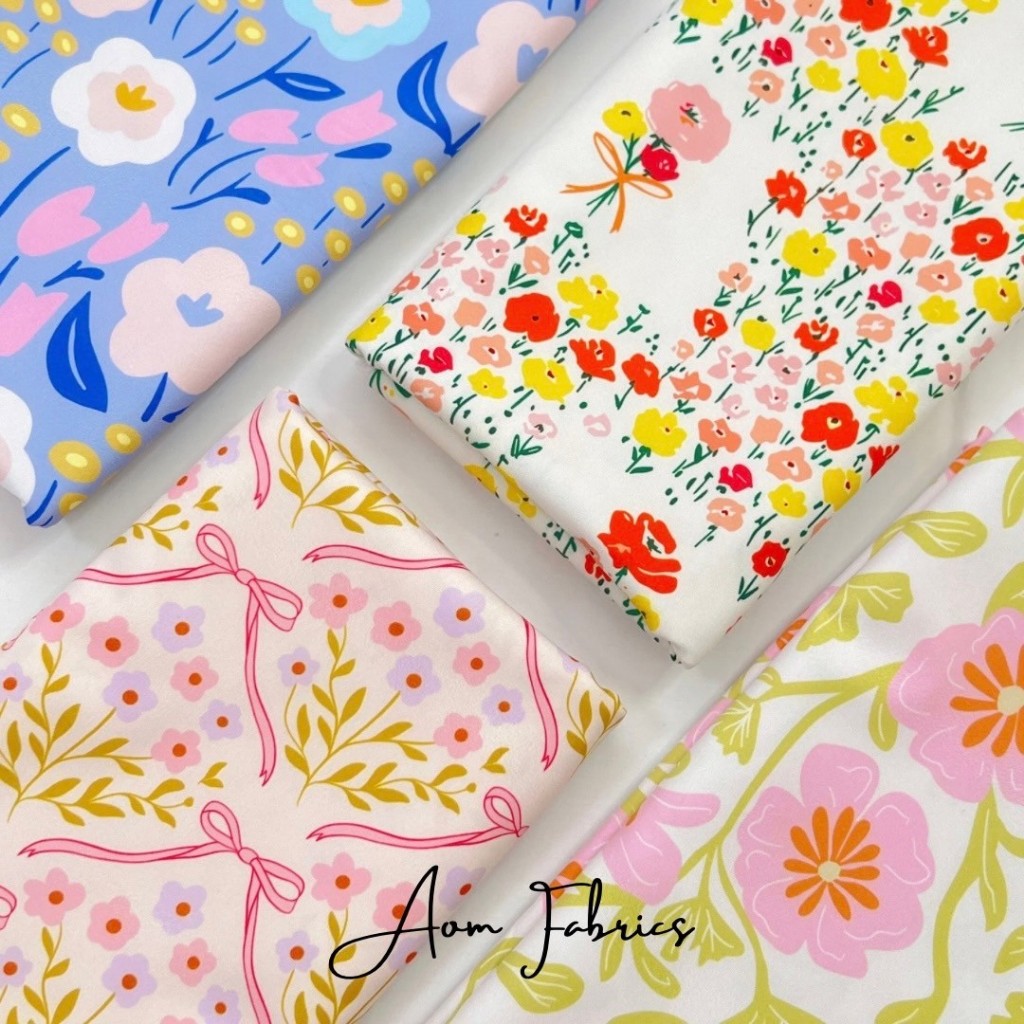 Aom Fabrics 🌷ลายดอกสีสดใส ผ้าไหมอิตาลี่เกรดA  120 แกรม หน้ากว้าง 58 นิ้ว เนื้อนุ่มลื่น ไม่บาง ลายสวยมากก