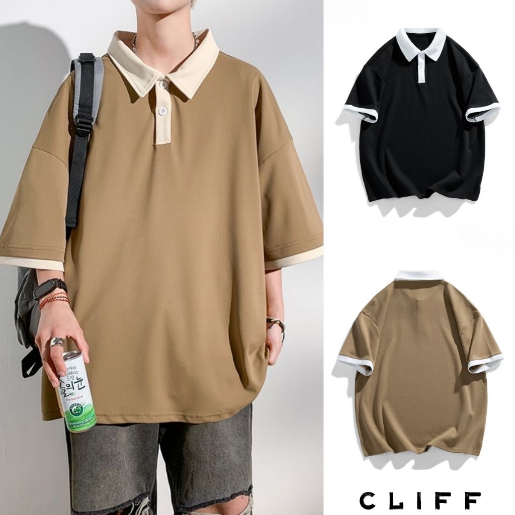 CLIFF ปกพับ เสื้อโปโล ฤดูร้อน แมทช์ลุคง่าย ลำลอง แขนสั้น ชุดคู่รัก  oversize