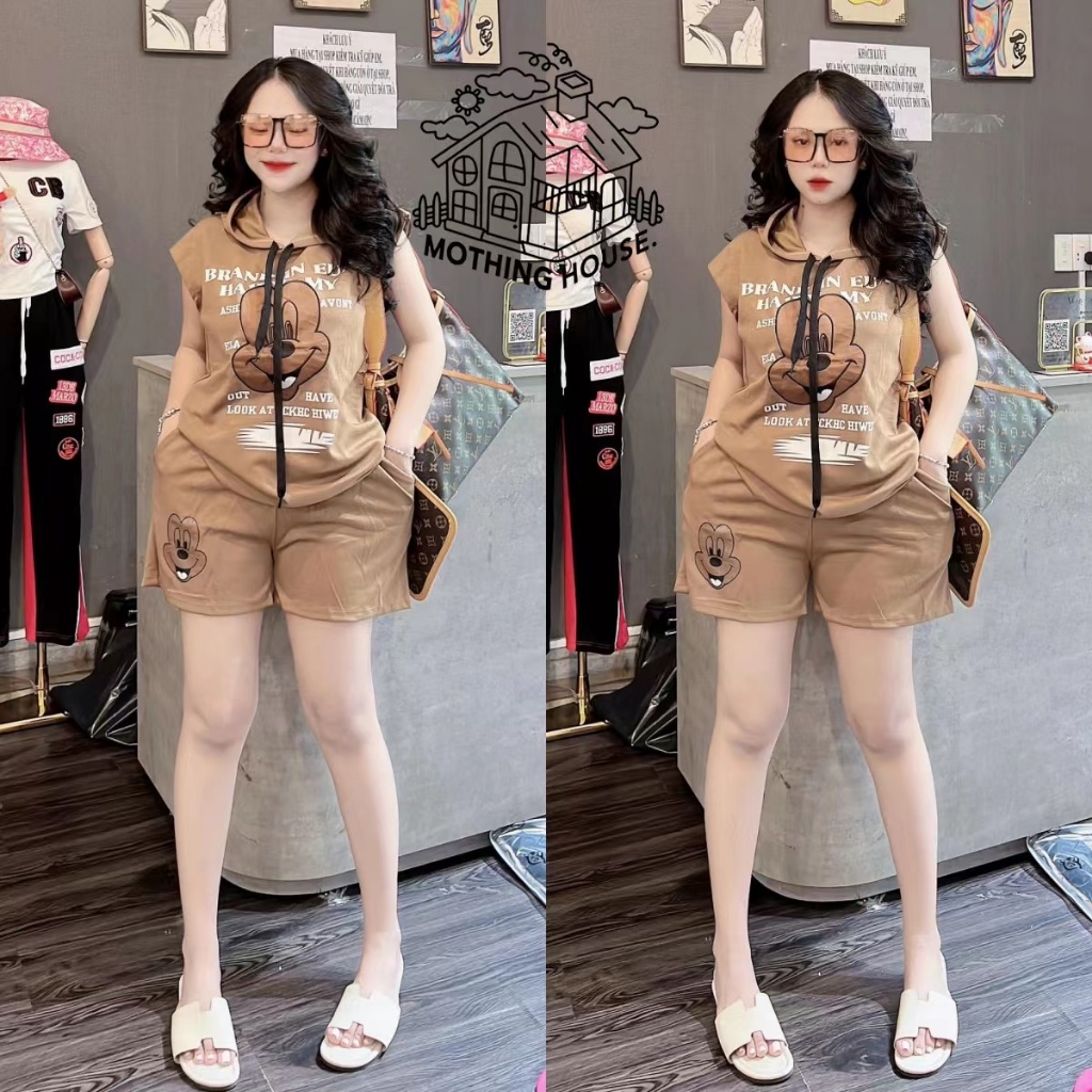 ชุด 2 ชิ้นสูทแฟชั่นสตรีเสื้อแขนกุดมีฮู้ดหลวมกางเกงขาสั้นลำลอง