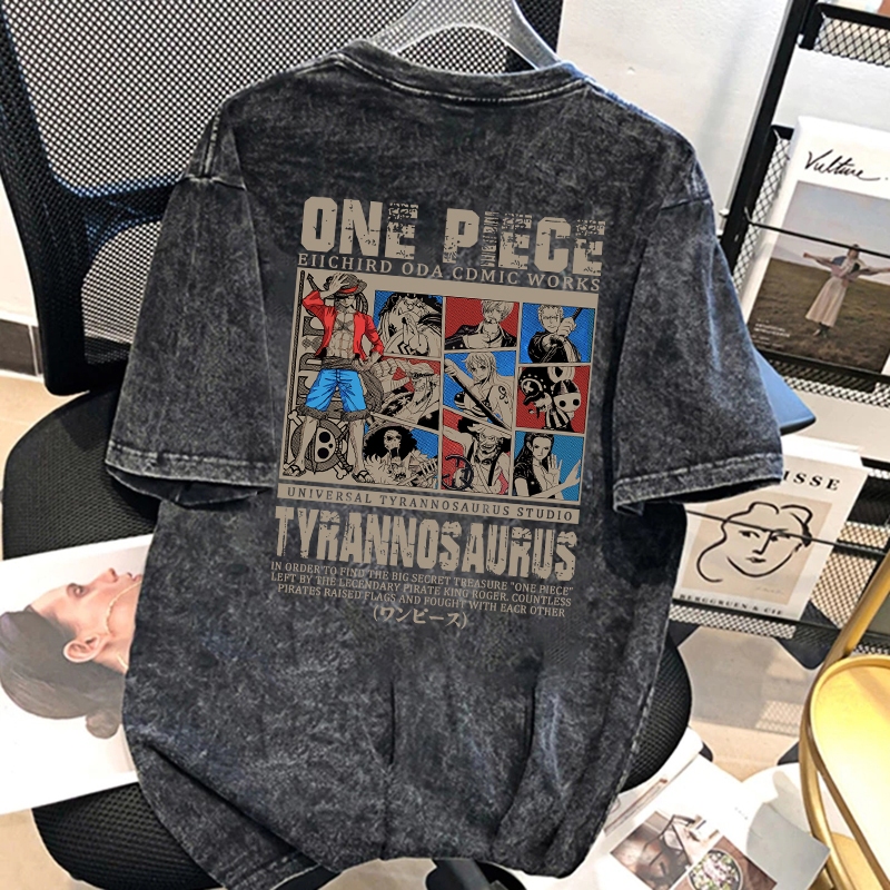 Top Street เสื้อยืดวินเทจ ONE PIECE ลายฟอก/โอเวอร์ไซซ์ คอกลม ทรงหลวม 3XL สีดำ