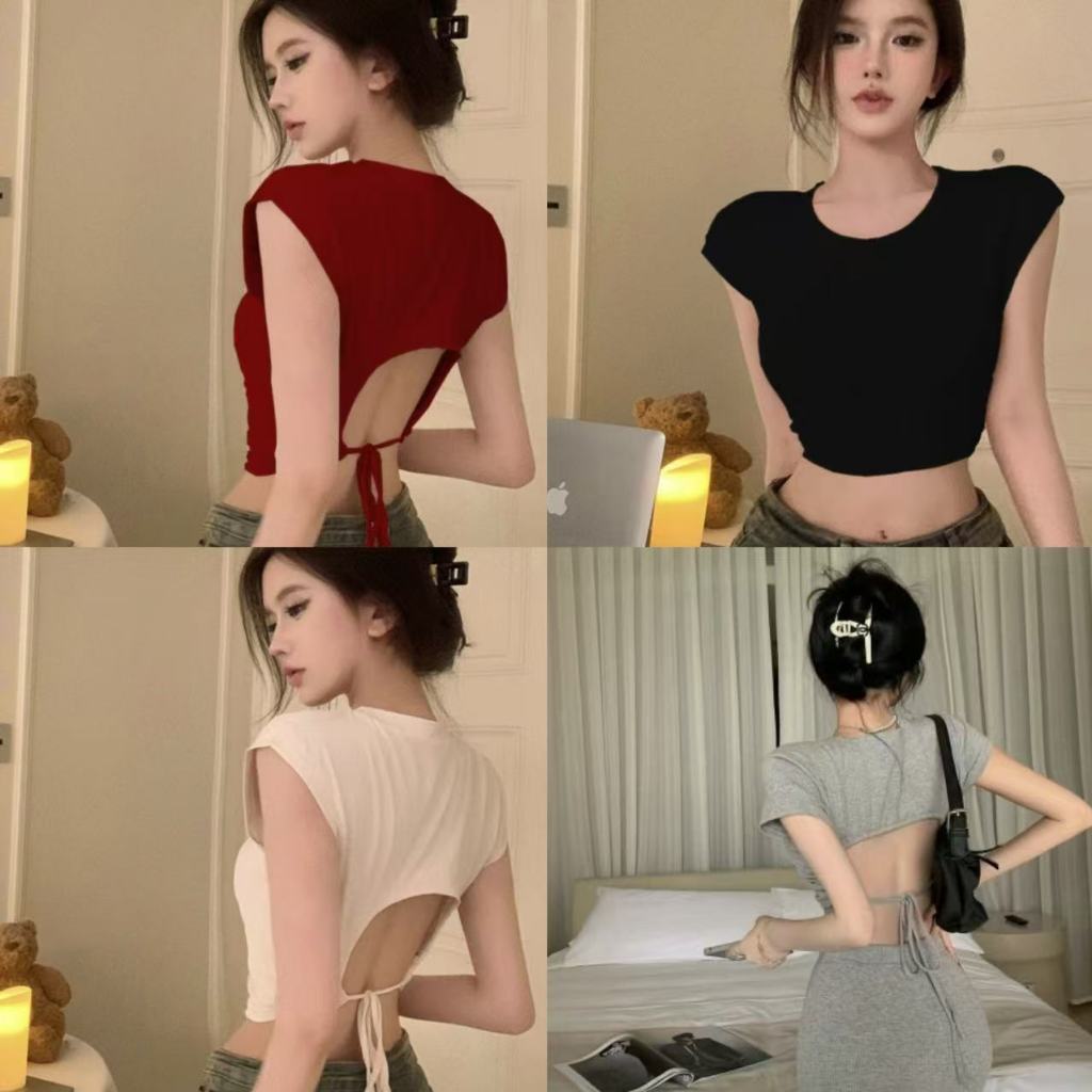 คริสต์มาสสีแดงเสื้อครอปแฟชั่นผู้หญิง คอเหลี่ยม สไตล์เซ็กซี่ แขนสั้น ผ้าดีผ้านิ่ม ใส่สบาย ไม่ร้อน ไม่ต้องรีด รุ่นใหม่เสื้