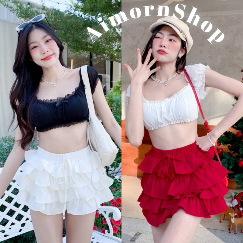 🔥aimorn_shop🔥เสื้อครอป แขนตุ๊กตา ผ้ามุ้ง งานใส่น่ารักมาก