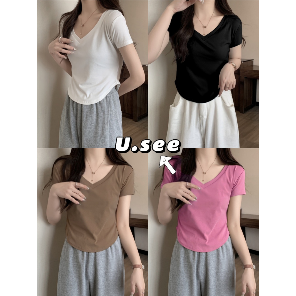 เสื้อยืดเเขนสั้น เสื้อยืดคอวี คอวี ผ้ายืดได้ มีหลายสีให้เลือก#2157