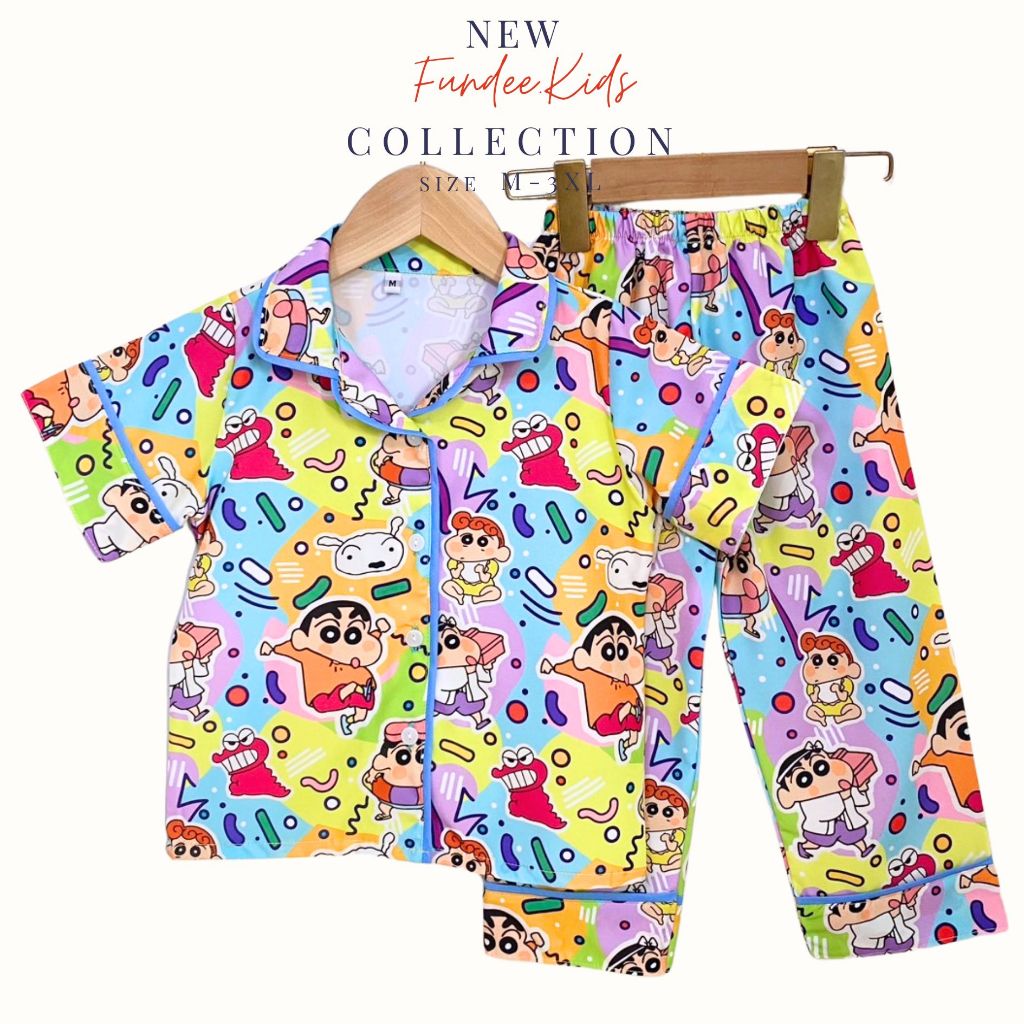 ชุดนอนเด็กชาย หญิง ผ้าไหมอิตาลี ลายการ์ตูนสีสวย แขนสั้น-ขายาว คอปกกระดุมหน้าลายน่ารัก สีสวย ใส่สบาย ไซส์ M-3XL