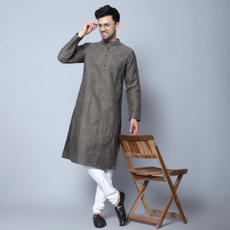 *พร้อมส่ง*Men Kurta เคอร์ตาสีเทาเข้ม ชุดผู้ชายอินเดีย สไตล์เรียบ หรู (เสื้อเคอร์ตา ไม่มีกางเกง/ Only Kurta, no pajama)