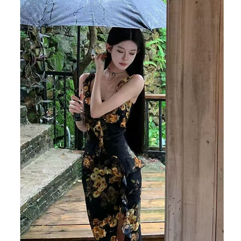 เดรสยาวสายเดี่ยว สีดำ ผ้าตาข่ายมีซับใน ลายดอกไม้ แต่งระบายที่คอและลำตัว ผ่าหน้าข้างซ้าย Dress  #3036 ราคา ถูกที่สุด ดีลบีเคเค แกลเลอรีภาพที่ 6