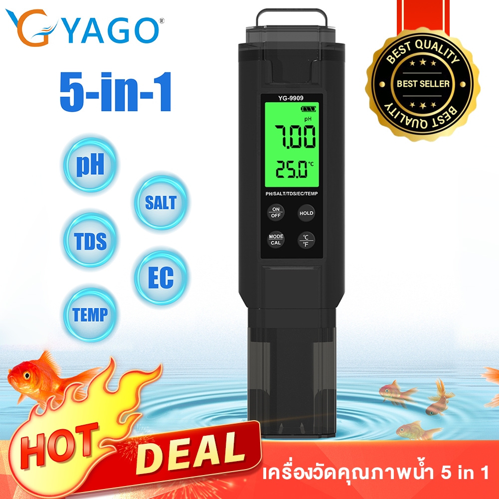 RCYAGO ปากกาทดสอบไฮโดรโปนิก pH/ความเค็ม/อุณหภูมิ/TDS/EC ห้าในหนึ่งเดียวพร้อมแสง ง่ายและมีประสิทธิภาพ