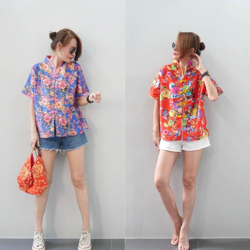 เสื้อตรุษจีน ผ้าไหมอินเดีย  ผ่าหน้าติดกระดุมกี่เพ้า ป้าย Perfect Style