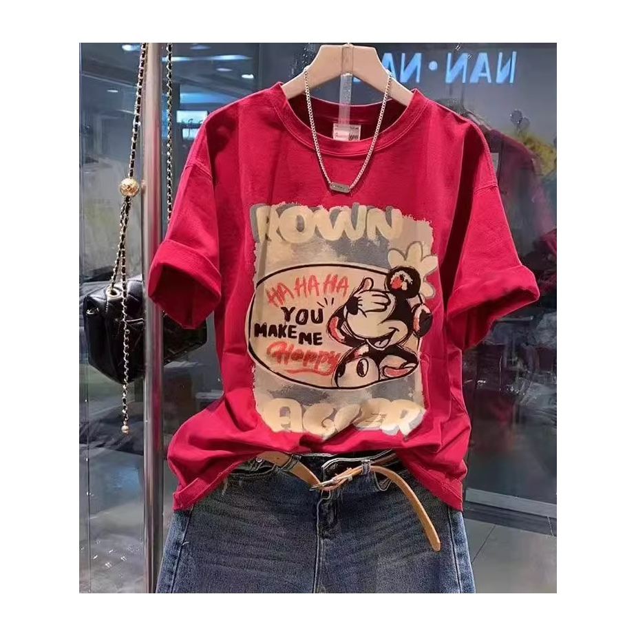 2568 เสื้อยืดคอกลมแขนสั้นลายการ์ตูนมิกกี้เวอร์ชั่นเกาหลี ผ้าฝ้ายแท้ เสื้อแขนสั้นผู้หญิง เทรนด์ใหม่