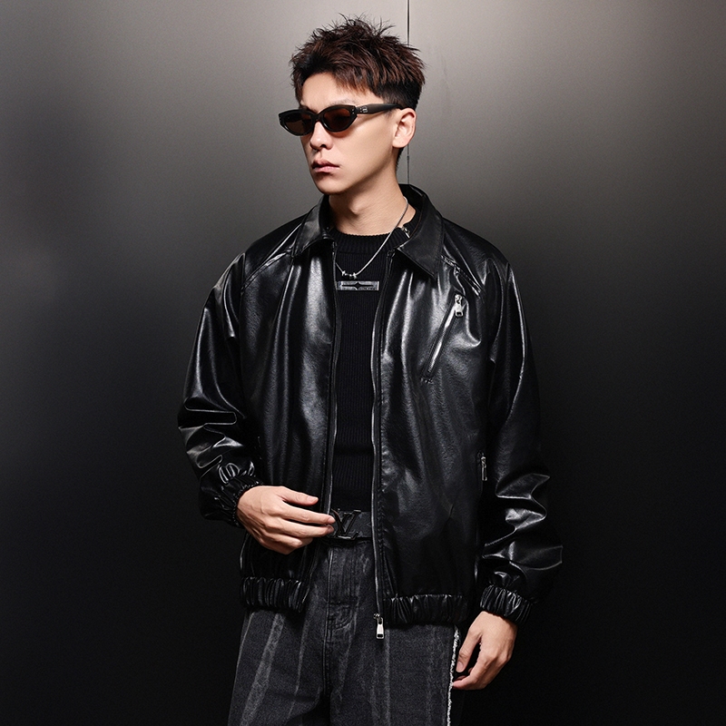 เสื้อแจ็คเก็ตหนังผู้ชาย ซิปหน้า กันลม กันน้ำ สวมใส่สบาย ผ้าดีคัตติ่งเนียบ สตรีทสไตล์อเมริกันย้อนยุคที่เข้าคู่ง่ายสบาย