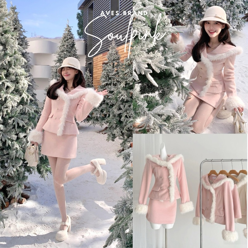 AVES.BRAND SOULPINK ชุดเซ็ตกระโปรงผ้าวูลสีชมพู แต่งขนเฟอร์