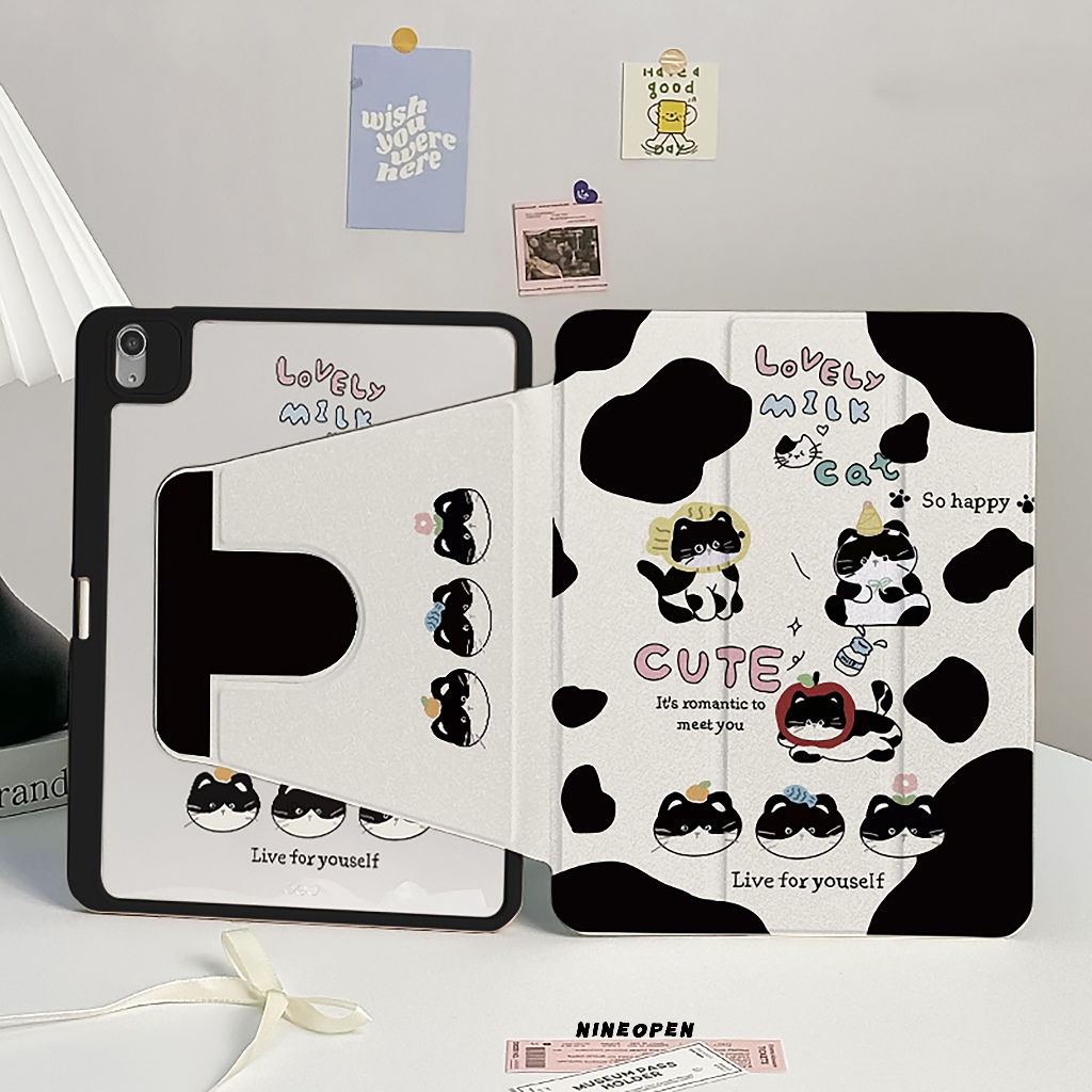 พร้อมส่ง เคสไอแพด Air6 Air5 Pro11 2024 ที่ใส่ปากกา แมวน้อยลายวัว เคสiPadหมุน 360° Gen9 Gen10 MINI7