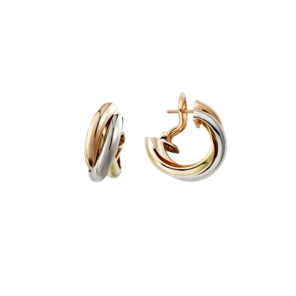 [พร้อมกล่อง] Cartier Cartier Trinity Series Rose Gold Gold Platinum Three-Ring Three-Color Gold ต่างหูของขวัญ [คลังสินค้