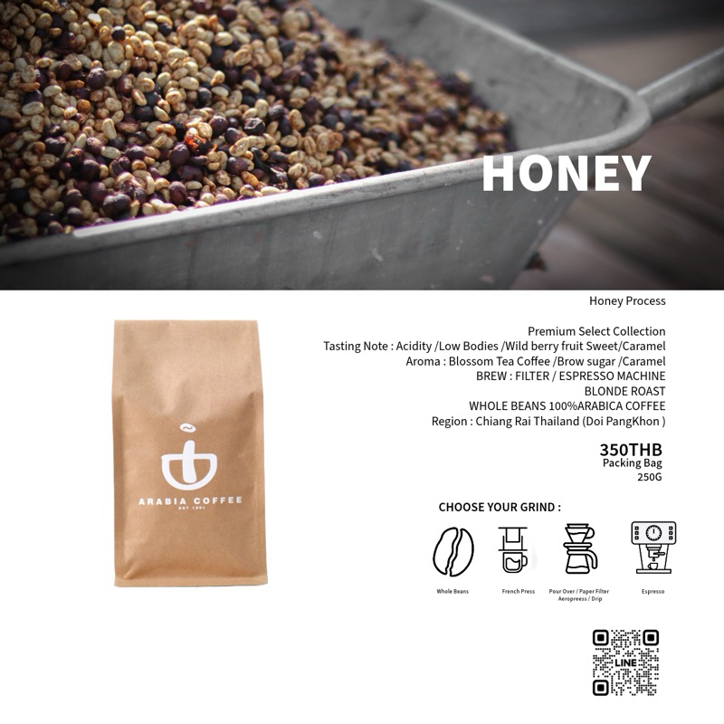 เมล็ดกาแฟ อาราบิก้า 100% (Honey coffee roast beans) 250g คั่วอ่อนติดเปรี้ยวมีกลิ่นธรรมชาติเฉพาะตัว