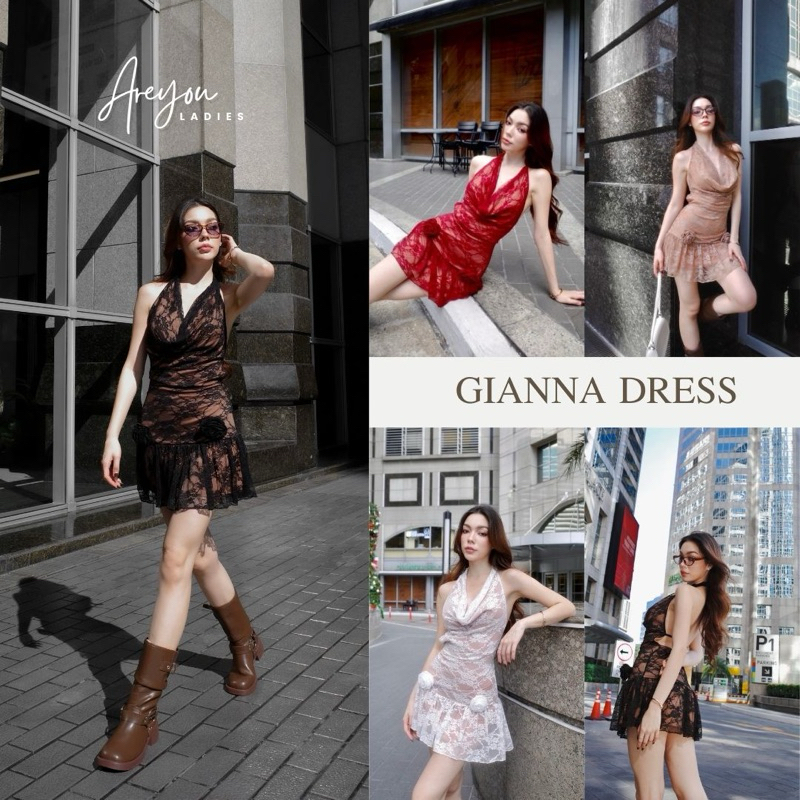 Gianna Dress เดรงลูกไม้ คล้องคอ กระโปรงแต่งดอก ใหญ่ 2 ดอก