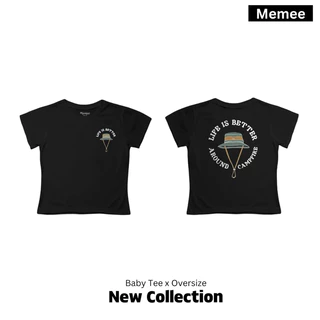 Memee ~ เสื้อครอปผ้าคอตตอน ทรงBaby Tee (หมวก แคมป์ปิ้ง)เสื้อผู้หญิง