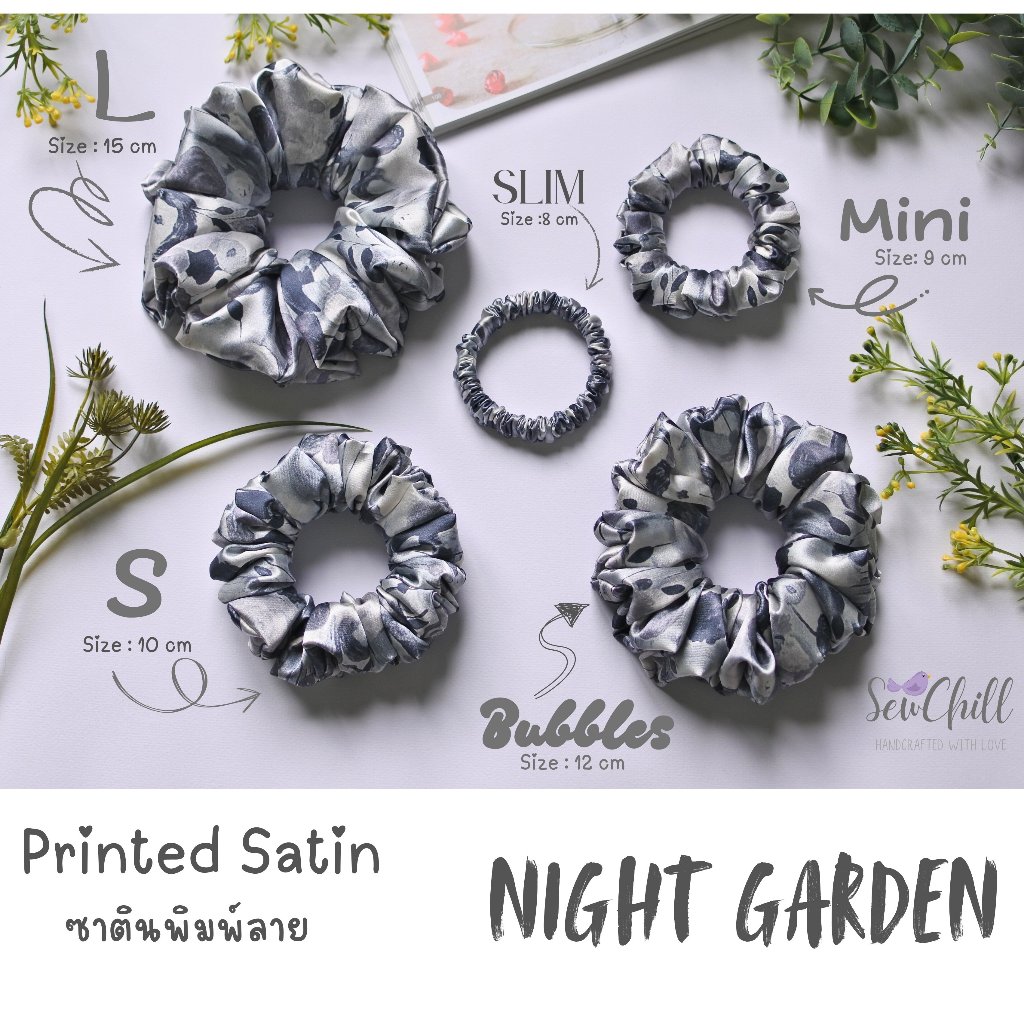 ยางรัดผมโดนัท ผ้าซาตินพิมพ์ลาย/Printed Satin Scrunchies/รุ่น Night Garden
