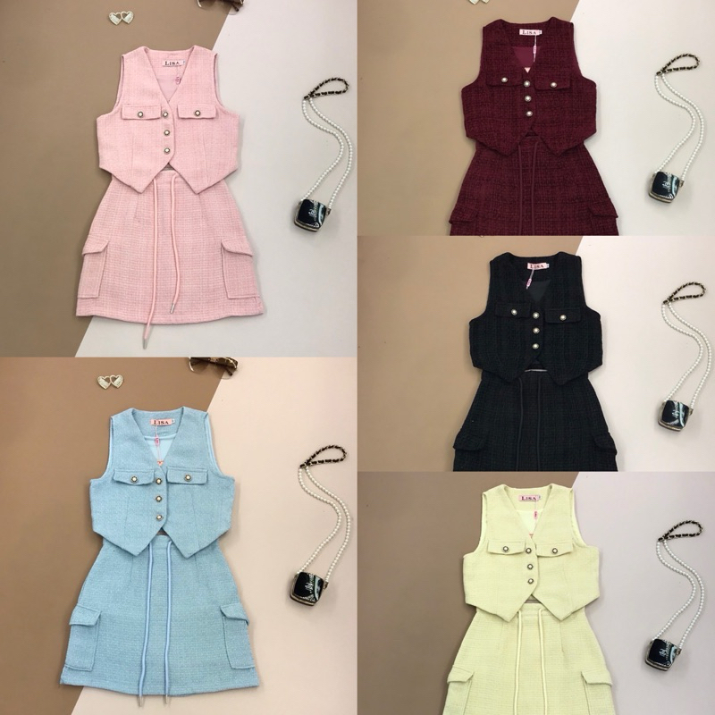 [LISA] A0754 ชุดเซตเสื้อกั๊กคอวีแขนกุดกระดุมไข่มุกแต่งกระเป๋าหน้ากระโปรงสายผูกเรียบหรูลูกคุณ ใส่เที่ยว คาเฟ่ ดินเนอร์