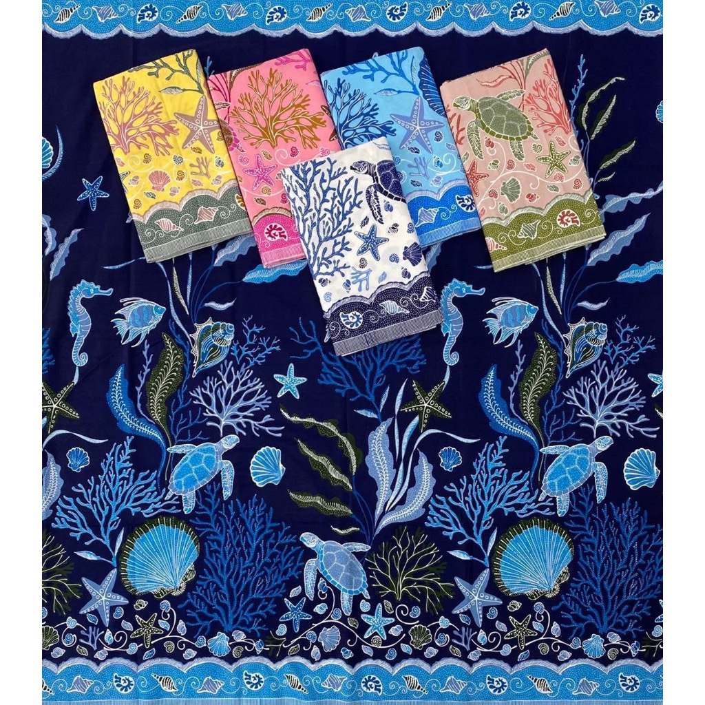 ผ้าปาเต๊ะ เกรดพรีเมียม ลายทะเล ผ้าตัดชุด เนื้อดี Cotton100% ซับน้ำ ไม่ลื่น นุ่มใส่สบายค่ะ กว้าง 2ม. ผ้ายังไม่เย็บค่ะ