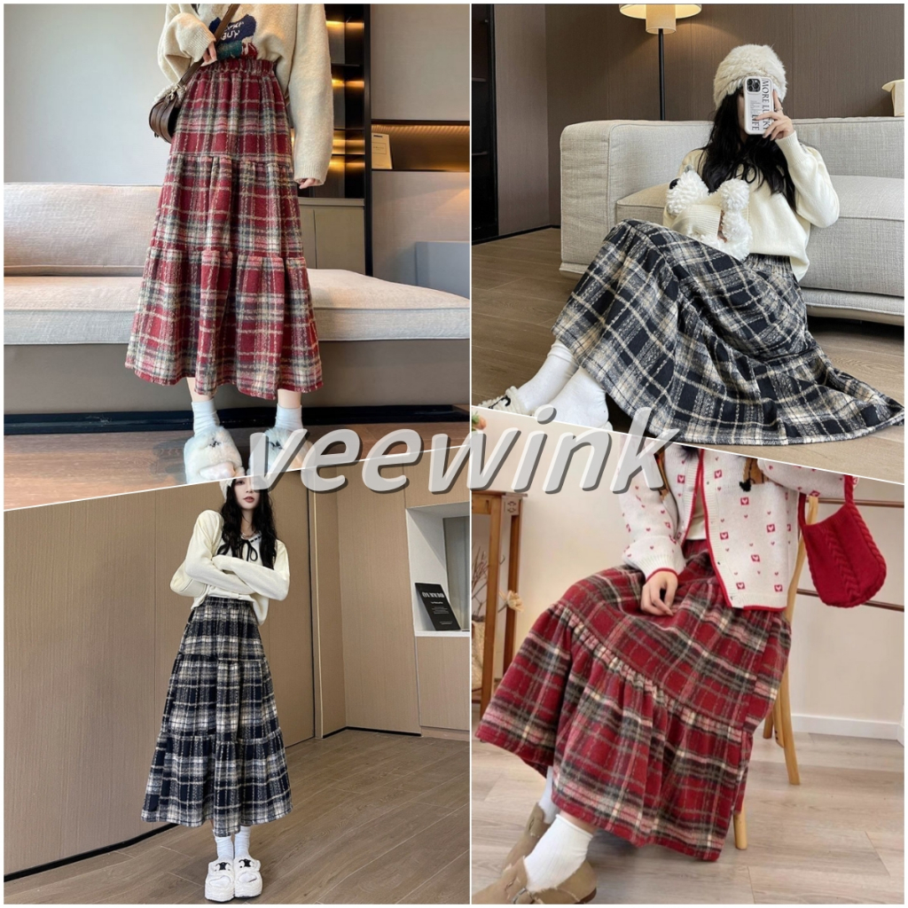 Veewink พร้อมส่งจากกทม เสื้อสคริสต์มาส กระโปรงยาวทรงเอ ผ้าไหมพรมหนา ดีเทลซิปรูดด้านหลัง สไตล์เกาหลี