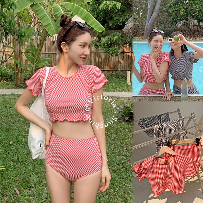 ชุดว่ายน้ำผู้หญิง ทูพีช เอวสูง swimsuit two piece ลายสก๊อต สไตล์เกาหลี มีฟองน้ำ#0557