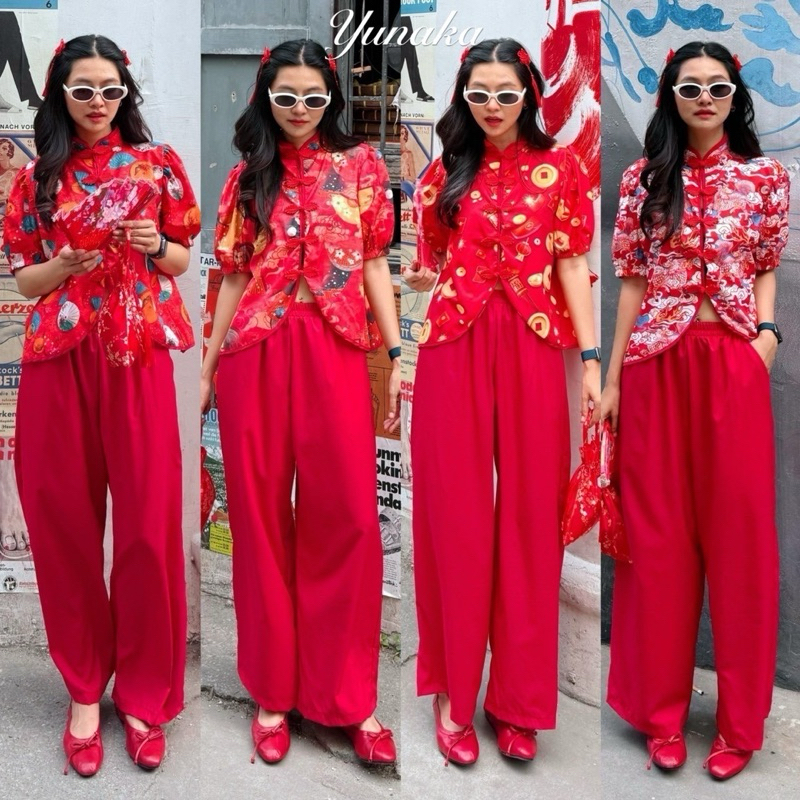 Yunaka Chinese Style Set เซทเสื้อลายคอจีนแขนสั้น ชุดจีน กี่เพ้า
