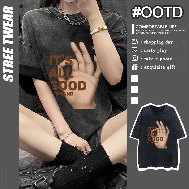 เสื้อยืด oversize เสื้อวินเทจ สไตล์ฮิปฮอป สไตล์เกาหลีใต้ ฟอกเสื้อเชิ้ต ผ้าฝ้าย100% เรโทรเสื้อเชิ้ตสำหรับคู่รักชายและหญิง