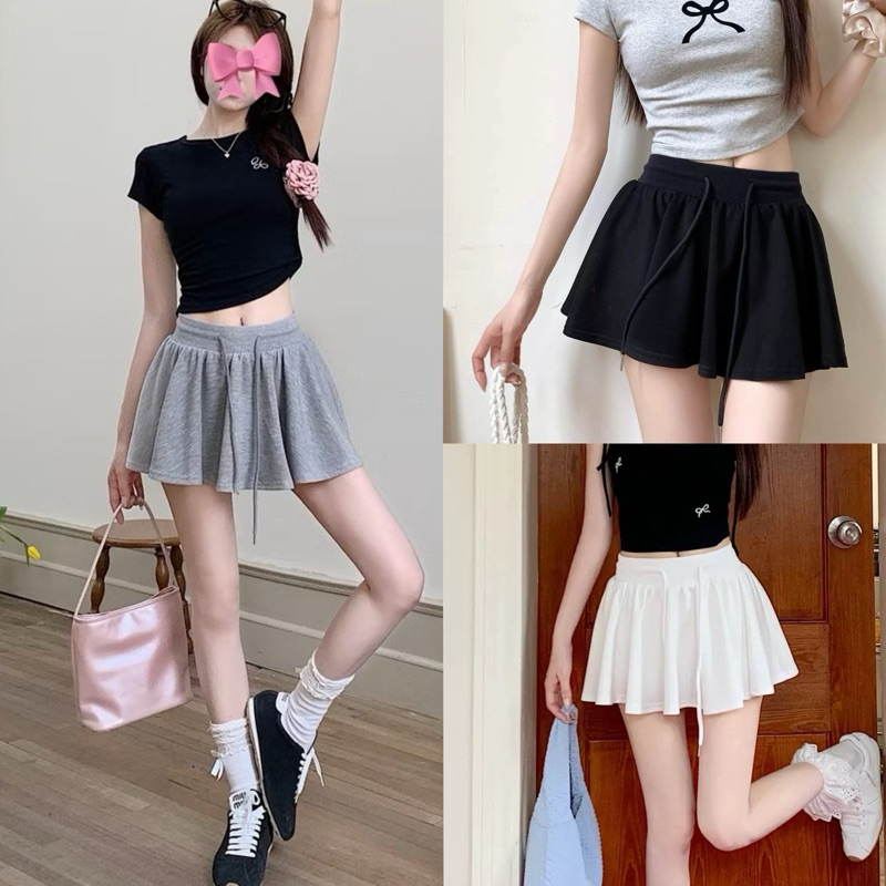 Lalisa✨🎀พร้อมส่ง🎀✨กระโปรง y2k กระโปรงสั้นเอวสูง เชือกรูดหน้า ทรงเอ สีพื้น มีซับใน เอวยางยืด เซ็กซี่แฟชั่นผู้หญิง สไตล์เก