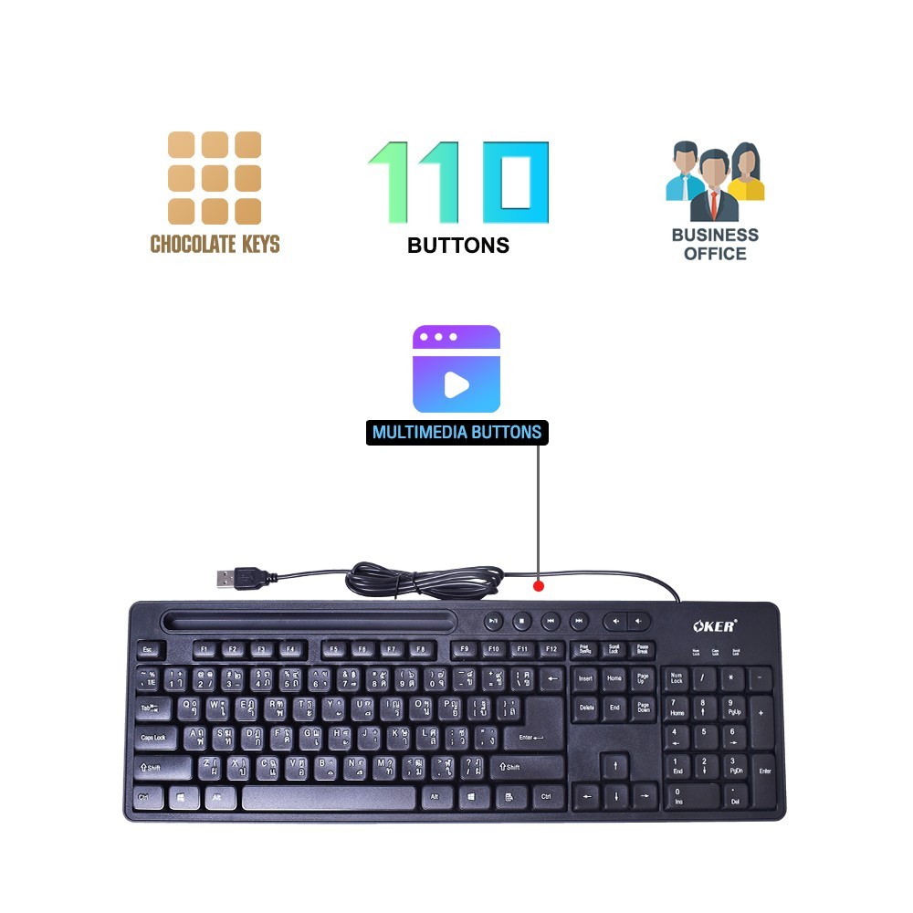 OKER คีย์บอร์ด รูปแบบมาตรฐาน มีที่วางโทรศัพท์ OKER USB KEYBOARD WIRED DESKTOP K758