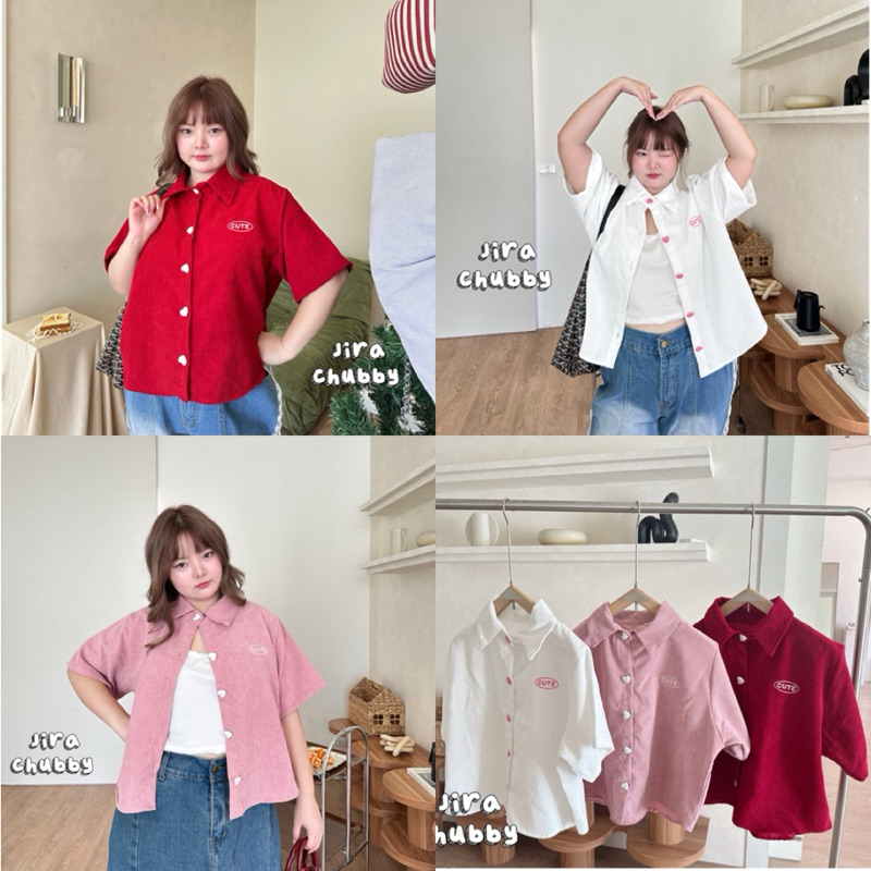 เสื้อลูกฟูกสาวอวบแต่งกระดุมหัวใจปักCUTEสีหวานสุดน่ารัก