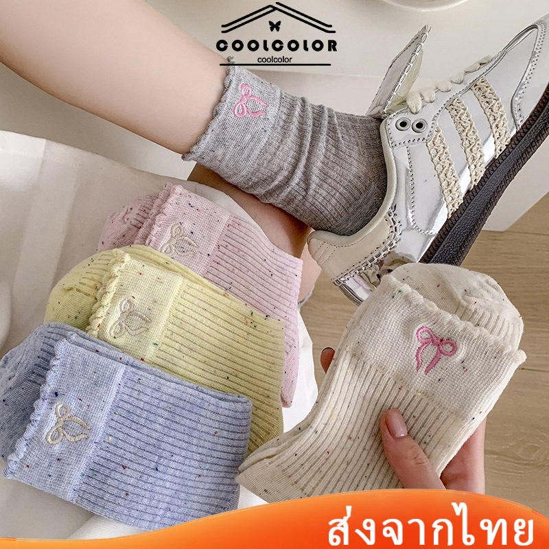 ในไทย💖ถุงเท้าผู้หญิง โบว์ ผ้าฝ้าย กันเหงื่อ ins ข้อสูงปานกลาง ลายทางแนวตั้ง ใส่สบาย ระบายอากาศ All SeasonsCOD