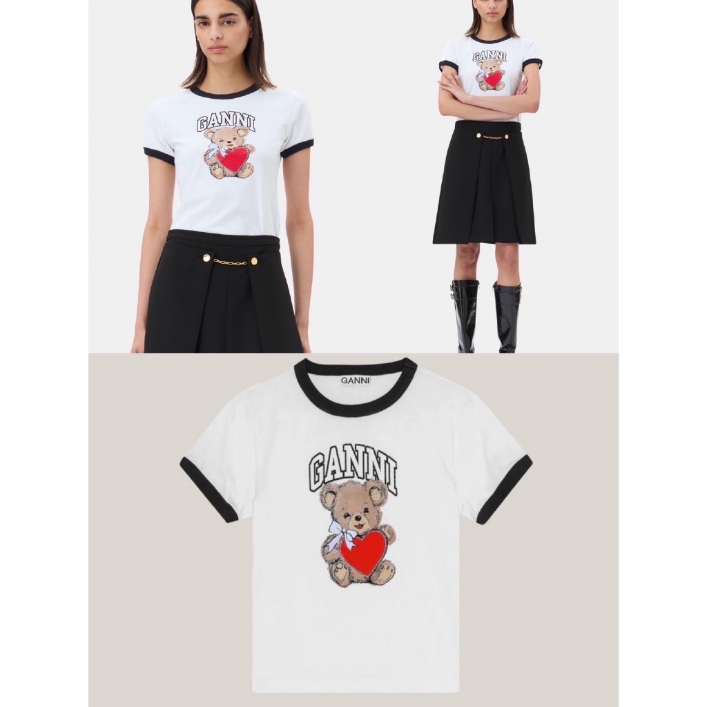 Ganni bear t-shirt เสื้อยืดรุ่นใหม่ล่าสุด งานชนช็อปไปเลยค้า ลายหมีขอบกุดเเขนคอสีดำคิ้วท์ๆ สีสวย น่ารักสุดๆ