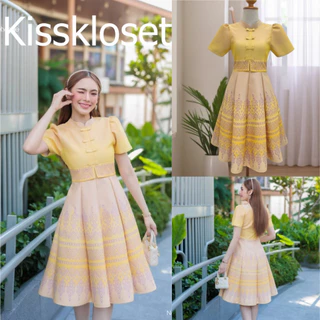 KS731 ชุดเดรสผ้าทอคอจีน แต่งโบว์หน้า กระโปรง8ชิ้น สวยมากๆค่ะ งานอัดกาว ทั้งชุด ทุกชิ้น ซิปซ่อนด้านหลัง (S-5XL)