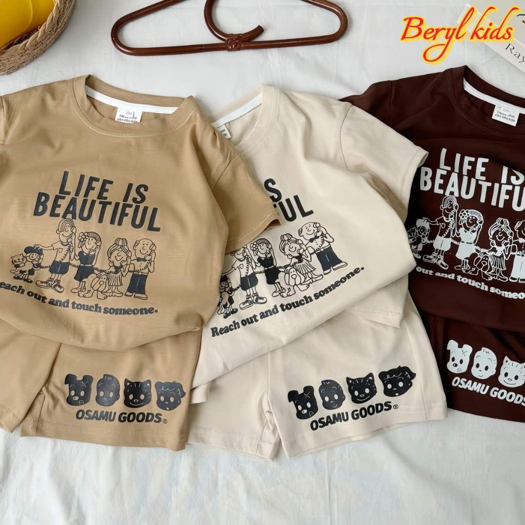 Beryl kids🌸ชุดเซทเด็กฤดูร้อน🎀เสื้อยืดแขนสั้นพิมพ์ลายน่ารักกางเกงขาสั้น สองชิ้น สไตล์เกาหลี เหมาะสำหรับเด็กชายและเด็กหญิง