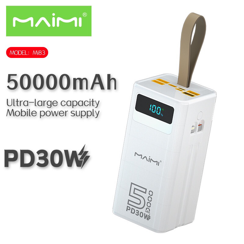 Maimiรุ่น Mi83 power bankมีสายชาร์จในตัว (Type C/ไอโฟน)แบต50000mah (ออก4USB )ชาร์จเร็วPD30W มีจอแสดง