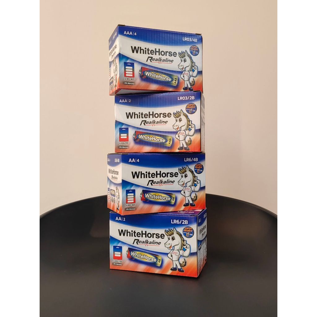 ถ่านอัลคาไลน์ LR6 ขนาด 1.5V AA  1 กล่อง 10 แพ็ก (แพ็กละ 2 ก้อน) แบรนด์ Whitehorse(ม้าขาว)