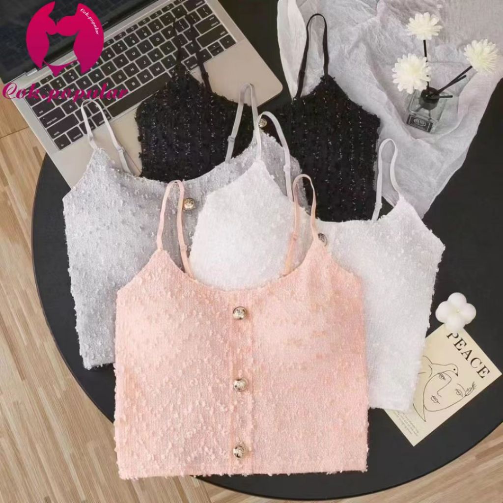 #252 เสื้อครอปสายเดี่ยว ผ้าลูกไม้แต่งกระดุมทอง สีหวานสวย สม๊อคหลัง สินค้าพร้อมส่ง