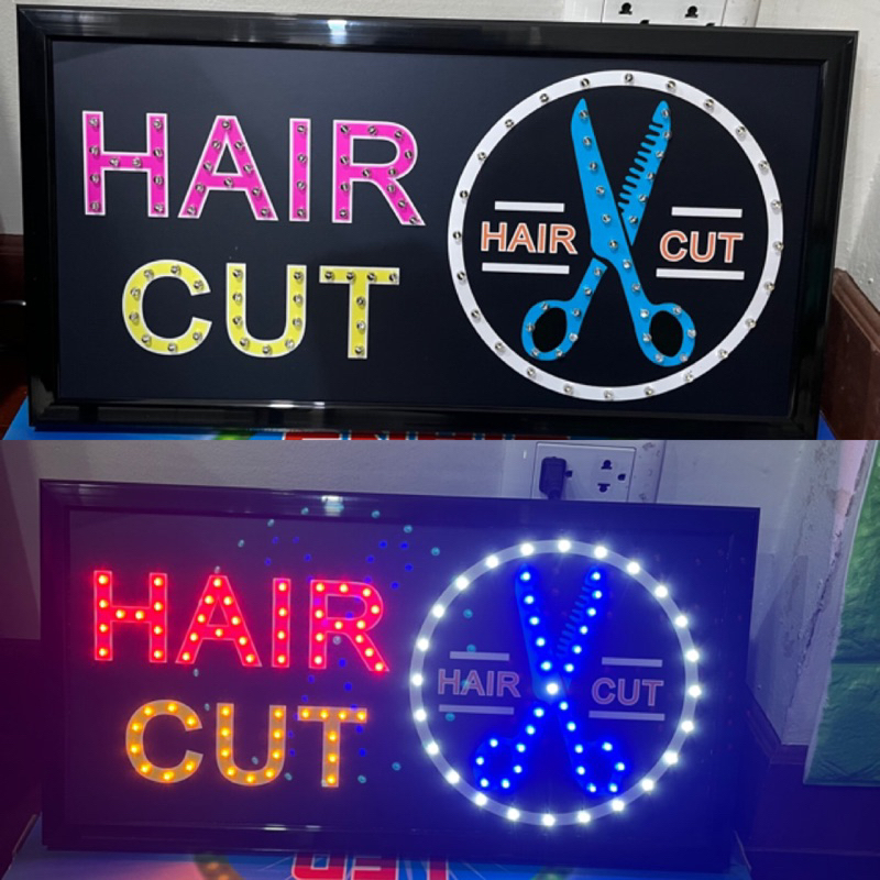 ป้ายไฟ ป้ายไฟร้าน ป้ายไฟตัวอักษร ป้ายไฟวิ่ง ป้ายไฟled ป้ายไฟร้านตัดผม HAIR CUT รุ่นใหม่