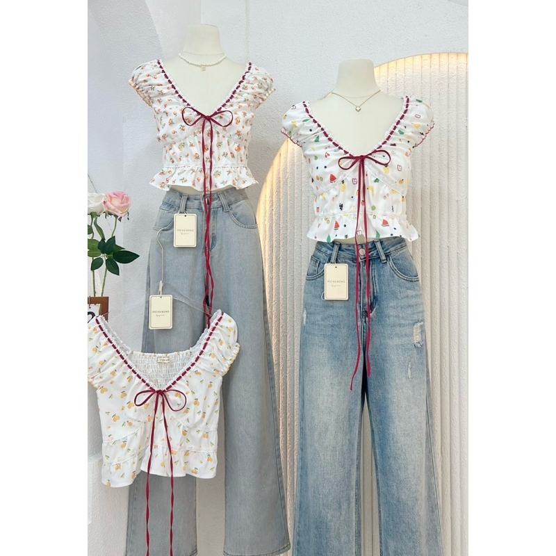 NN612 เสื้อครอปแขนตุ๊กตาผูกโบว์อกลายส้ม Peekanong