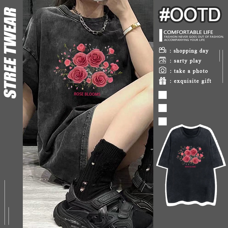 เสื้อยืดฟอกวินเทจผู้หญิงและผู้ชาย ผ้าคอตตอน 100% oversize พิมพ์ลายดอกกุหลาบ สไตล์อเมริกัน เสื้อผ้าแฟชั่นสกรีนลายเท่ 3XL