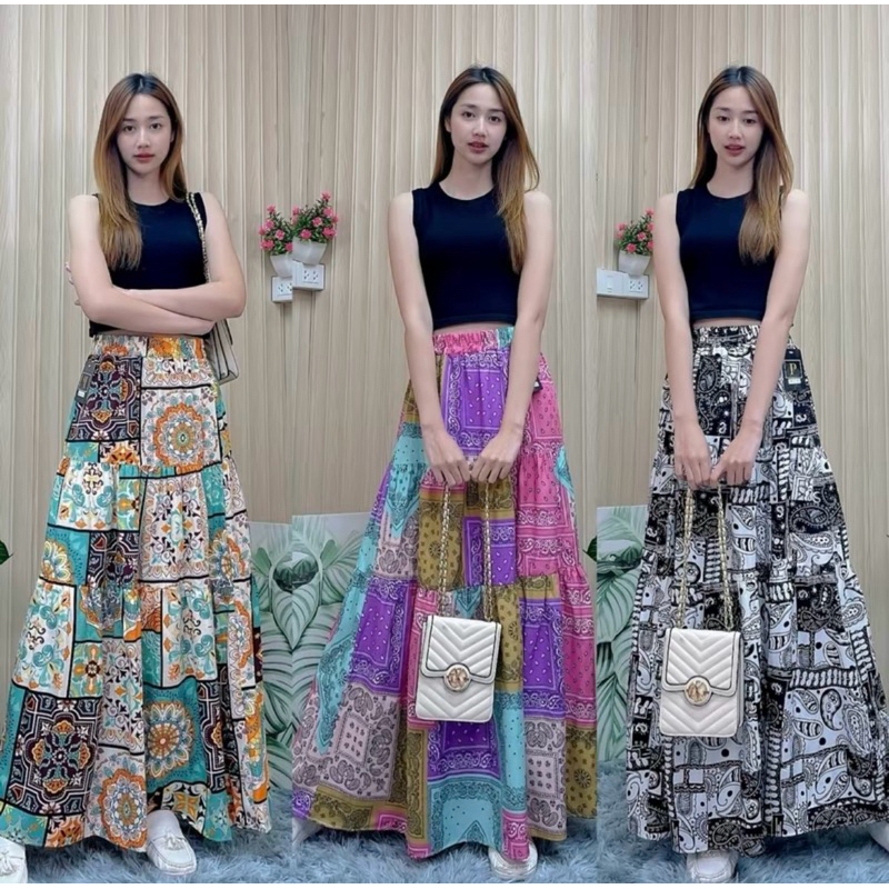 รหัส S106C กระโปรงยาวทรงเมสซี่   ผ้าไหมอิตาลีผ้านุ่มใส่สบาย ผ้าไม่ต้องรีด ยาว9ส่วน