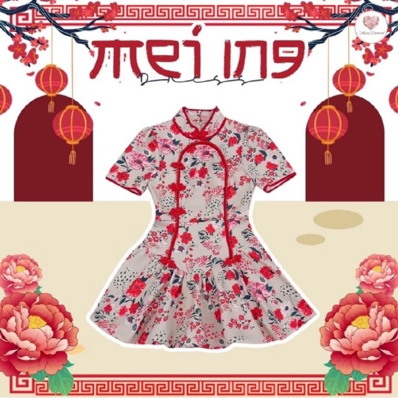 Mei lng Dress️(Size m)มือ1ป้ายห้อยค่ะ เดรสสั้นผ้าพิมพ์ลายตรุษจีน ทรงบอลลูนแขนสั้น คอจีนติดกระดุมคอ แ