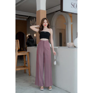 กางเกงขากระบอกเอวสูง ตอกตะขอหน้าเรียบ ผ้าเปเป้ ยาว40“ (S-3XL) ปลายขากว้าง12”