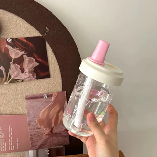 แก้วน้ำ แก้วกาแฟ 500ml ขวดน้ำ กระบอกน้ำ ลายโบว์สีชมพู น่ารัก ผู้หญิง มินิมอล ใส่ได้ทั้งร้อนและเย็น พร้อมส่ง