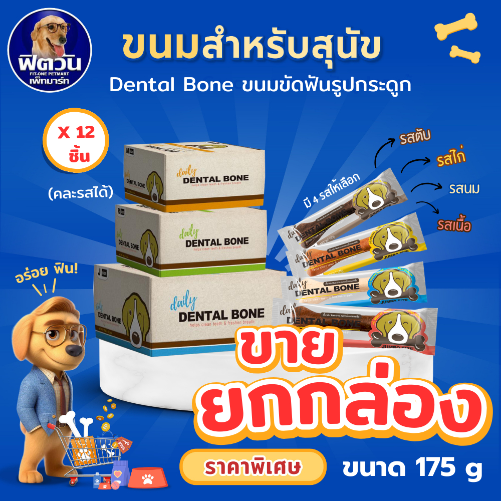 !! ยกกล่อง 12 ชิ้น !! Pet2go Dental bone ขนมขัดฟันสุนัข รูปกระดูก ขนาด 175กรัม {ขนม}